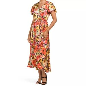 Nicole Miller Floral Print Satin Asymmetrical Ruffle Front Wrap Midi Dress L